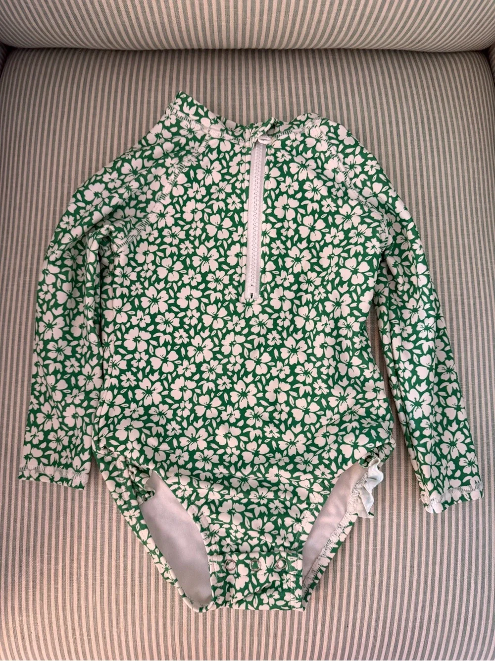 Girls Green Floral Long-Sleeve One-Piece Swimsuit